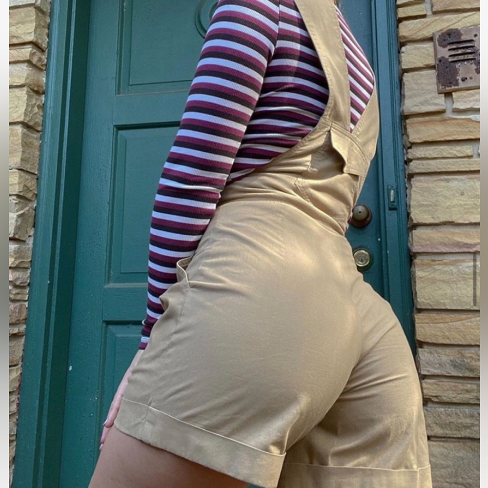 Vintage Tan Suspender Shorts High Waisted Button Front Overalls Retro Preppy